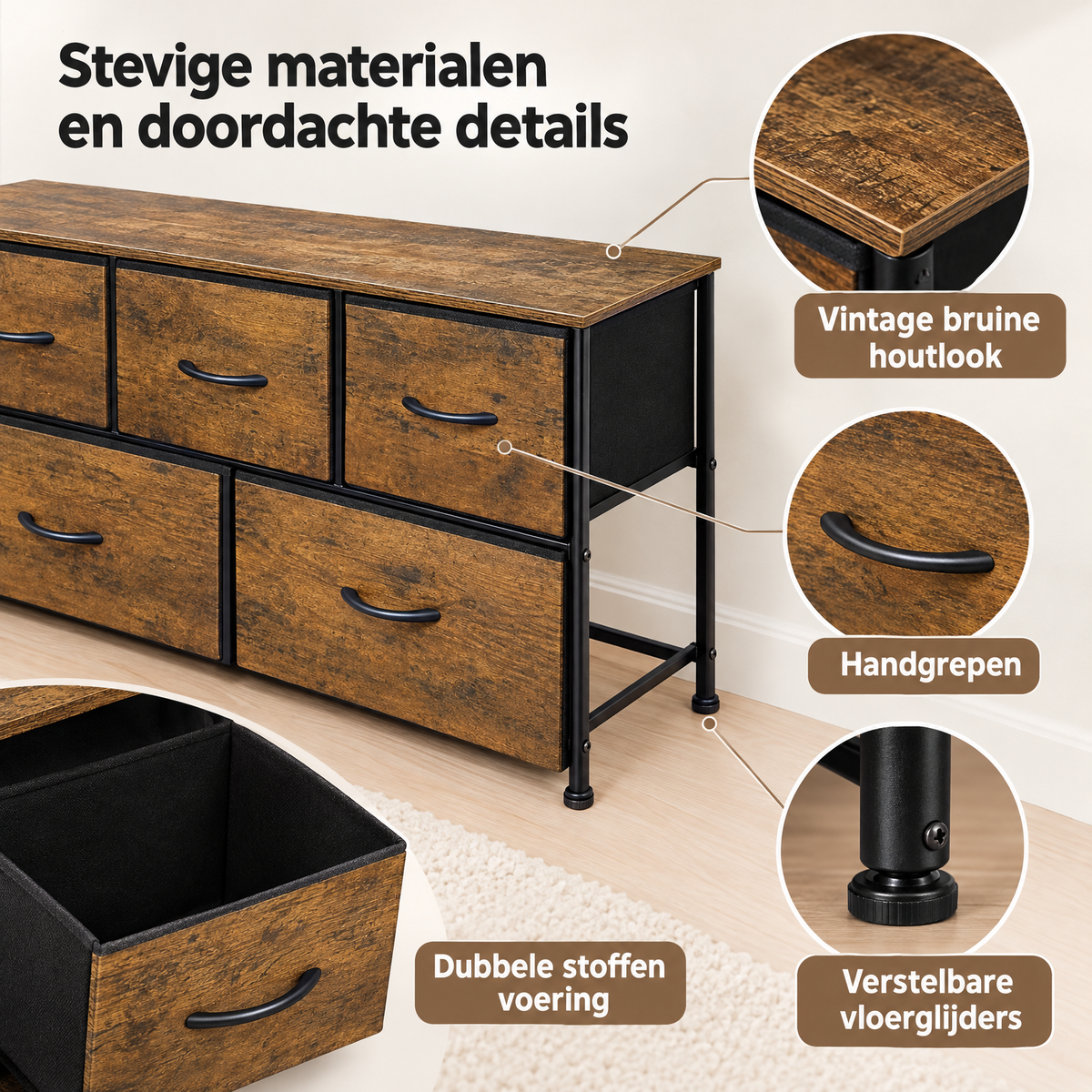 Industriele vintage bruine ladekast met 5 stoffen lades, 100 cm breed, van BukkitBow, gedetailleerde close-up foto