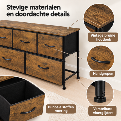 Industriele vintage bruine ladekast met 5 stoffen lades, 100 cm breed, van BukkitBow, gedetailleerde close-up foto