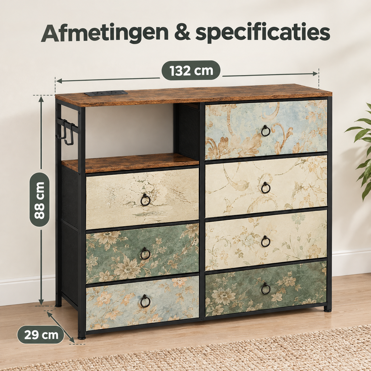 Afmetingen en productspecificaties van ladekast met stoffen lades