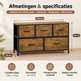 Industriele vintage bruine ladekast met 5 stoffen lades, 100 cm breed, van BukkitBow, geschikt voor moderne en industriële interieur.
