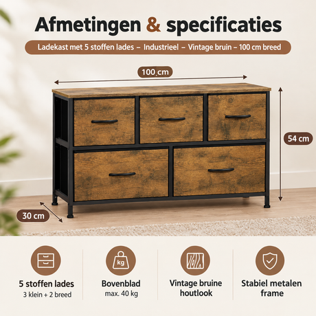 Industriele vintage bruine ladekast met 5 stoffen lades, 100 cm breed, van BukkitBow, geschikt voor moderne en industriële interieur.