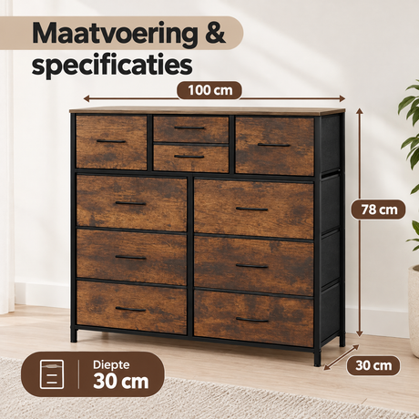 Afmetingen en productspecificaties van ladekast met stoffen lades