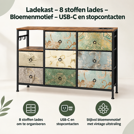 Overzicht van ladekast met stoffen lades met de belangrijkste productvoordelen