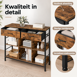 Detail van materiaal en afwerking van lage boekenkast met lades