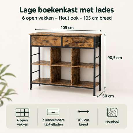 Afmetingen en productspecificaties van lage boekenkast met lades