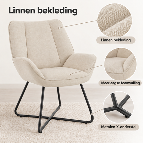 Detail van materiaal en afwerking van linnen fauteuil