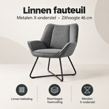 Overzicht van linnen fauteuil met de belangrijkste productvoordelen