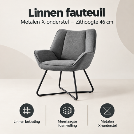 Overzicht van linnen fauteuil met de belangrijkste productvoordelen