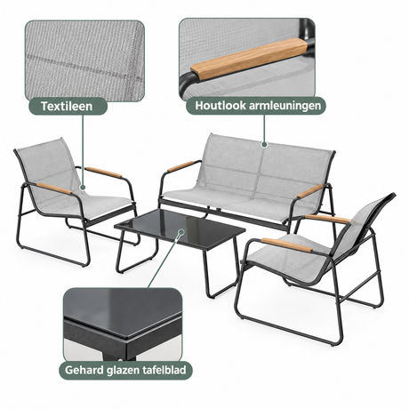 Detail van materiaal en afwerking van loungeset 4 personen