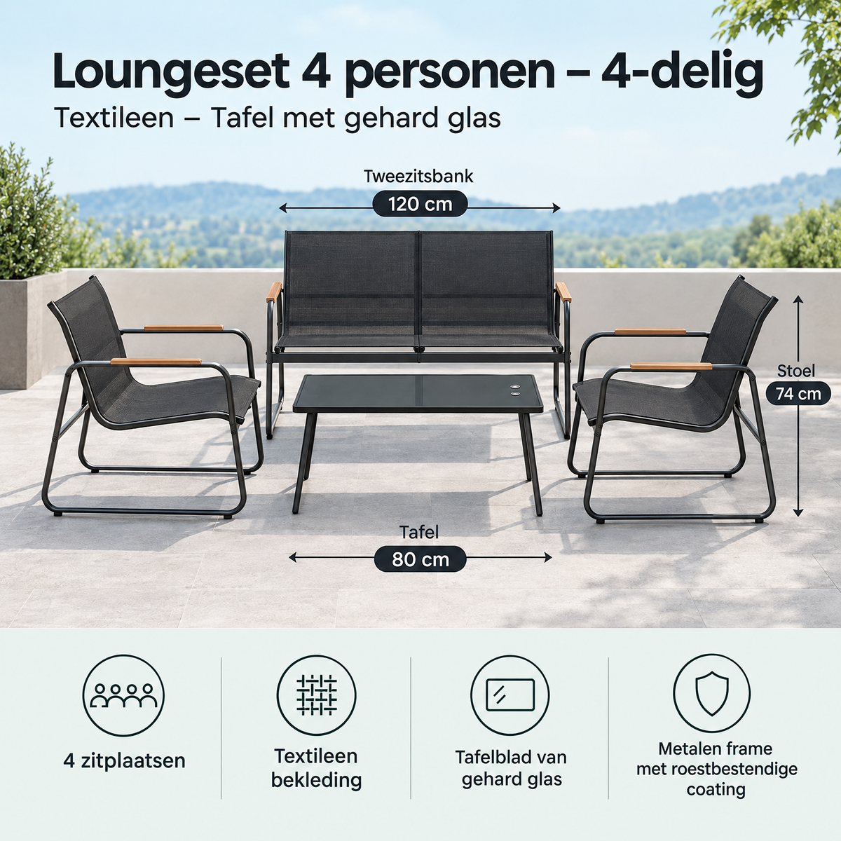 Afmetingen en productspecificaties van loungeset 4 personen