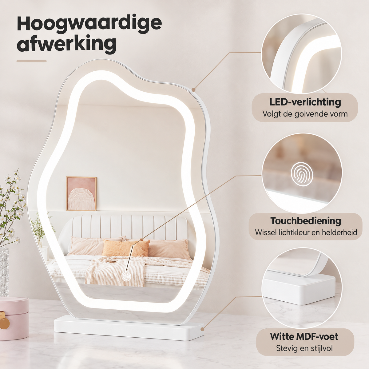 BukkitBow make-up spiegel met dimbare LED-verlichting, wit, met 3 lichtkleuren en gedetailleerde afwerking.