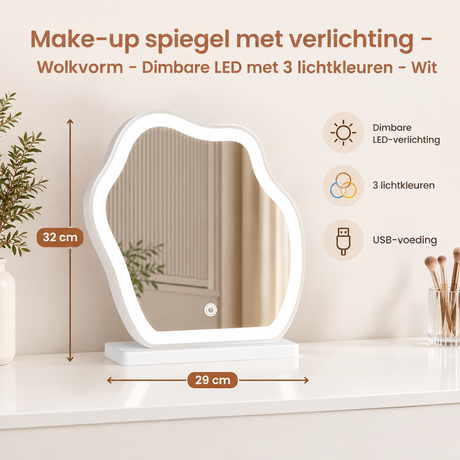 Witte make-up spiegel met dimbare LED-verlichting en 3 lichtkleuren, van BukkitBow, met wolkvorm design en handige verlichting.