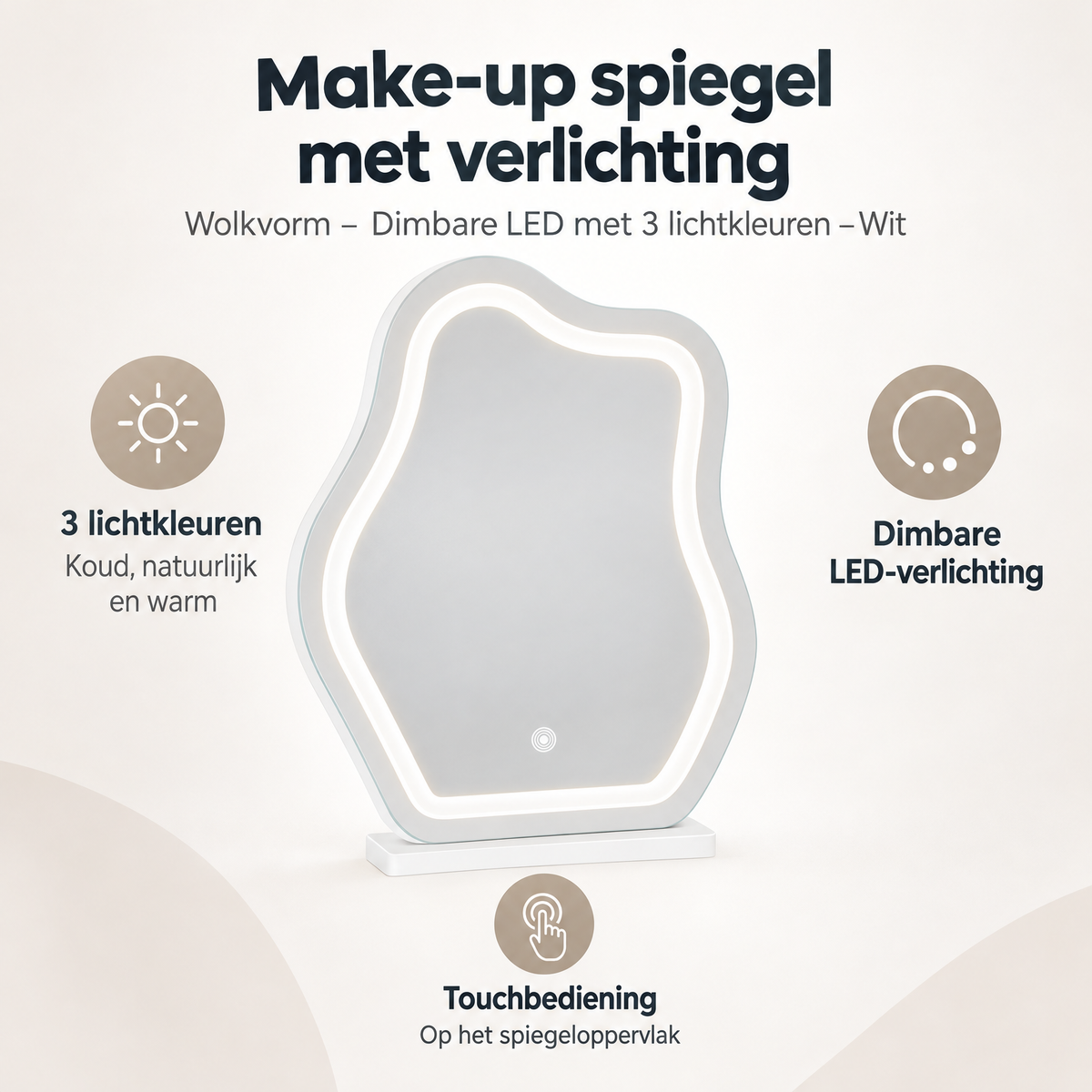 BukkitBow make-up spiegel met dimbare LED-verlichting, drie lichtkleuren, witte wolkvorm, overzicht van kernvoordelen