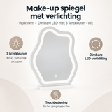 BukkitBow make-up spiegel met dimbare LED-verlichting, drie lichtkleuren, witte wolkvorm, overzicht van kernvoordelen