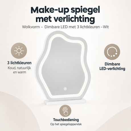 BukkitBow make-up spiegel met dimbare LED-verlichting, drie lichtkleuren, witte wolkvorm, overzicht van kernvoordelen