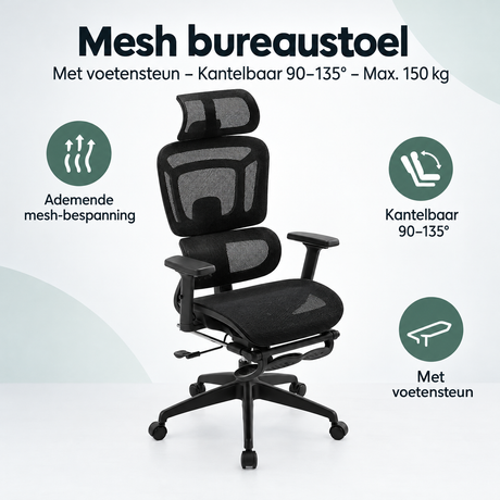 Overzicht van mesh bureaustoel met de belangrijkste productvoordelen