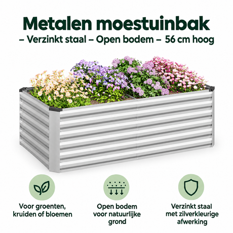Metalen moestuinbak van BukkitBow in verzinkt staal, open bodem, 56 cm hoog, geschikt voor tuinieren en planten kweken.