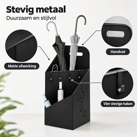 Zwarte paraplubak met detailvergrotingen van het metalen oppervlak, het handvat en een haak.
