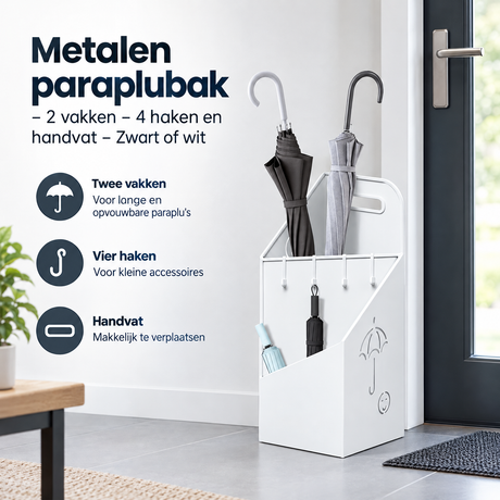 Witte parapluhouder bij een glazen voordeur met lange en korte paraplu's in verschillende vakken.