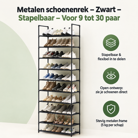 Overzicht van metalen schoenenrek met de belangrijkste productvoordelen