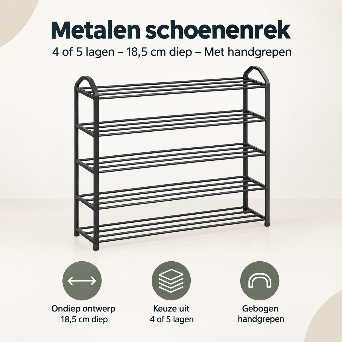 Overzicht van metalen schoenenrek met de belangrijkste productvoordelen