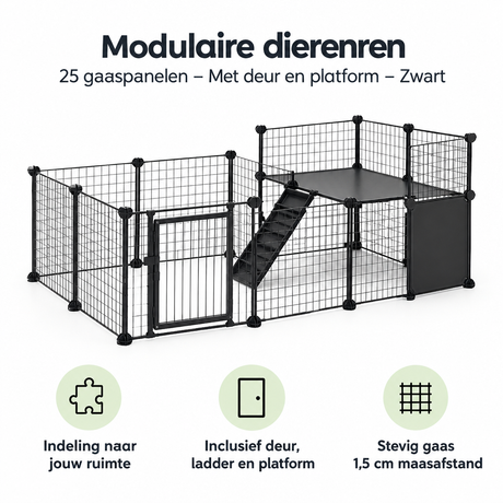 Modulaire dierenren van BukkitBow met 25 gaaspanelen, deur en platform, zwart, flexibele en veilige omheining voor dieren.