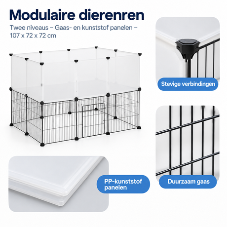 Modulaire dierenren van BukkitBow met gaas- en kunststofpanelen, twee niveaus, afmetingen 107x72x72 cm, detail van materiaal.