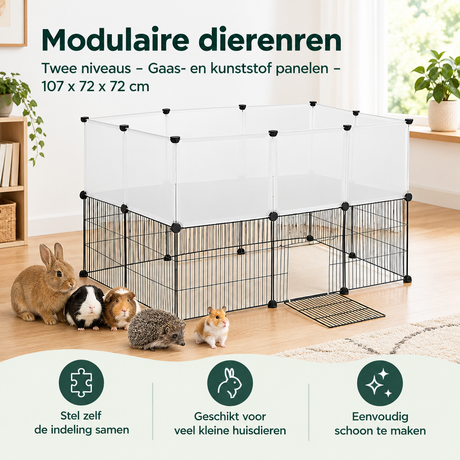 Modulaire dierenren van BukkitBow met gaas- en kunststofpanelen, twee niveaus, afmetingen 107x72x72 cm, praktische opstelling.