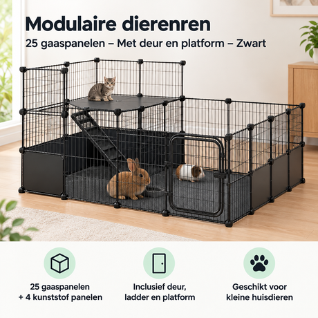 Modulaire dierenren van BukkitBow met 25 gaaspanelen, deur en platform in zwart, geschikt voor dierenopvang en afbakening.