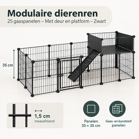 Modulaire dierenren van BukkitBow met 25 zwarte gaaspanelen, deur en platform voor huisdieren of kleine dieren.