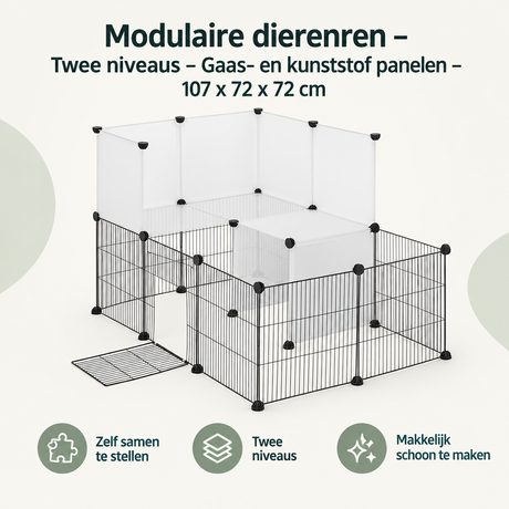 Modulaire dierenren van BukkitBow met twee niveaus, gaas- en kunststofpanelen, afmetingen 107x72x72 cm, overzicht.