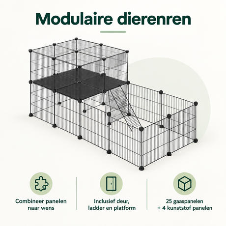 Modulaire dierenren van BukkitBow met 25 zwarte gaaspanelen, deur en platform voor dierenopvang en veiligheid.