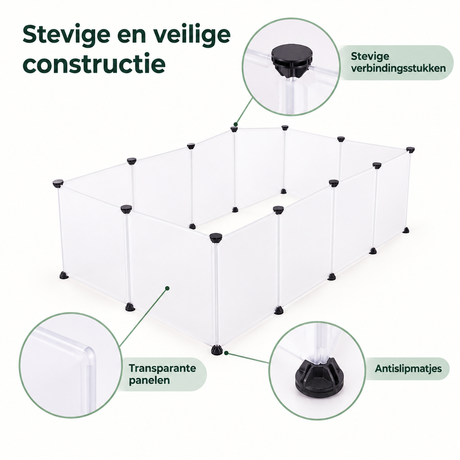 Transparante modulaire knaagdierenren van BukkitBow met 12 panelen, geschikt voor binnen, detail van het kunststof materiaal.