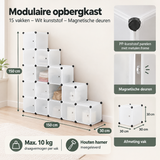 Modulaire opbergkast van BukkitBow met 15 vakken, witte kunststof afwerking en magnetische deuren, geschikt voor organisatie.