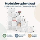 Modulaire opbergkast van BukkitBow met 15 vakken, witte kunststof afwerking en magnetische deuren, overzicht van kernvoordelen