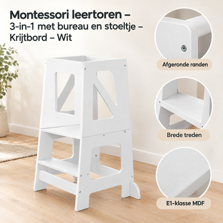 Montessori leertoren van BukkitBow met bureau, stoeltje en krijtbord, wit, geschikt voor jonge kinderen.