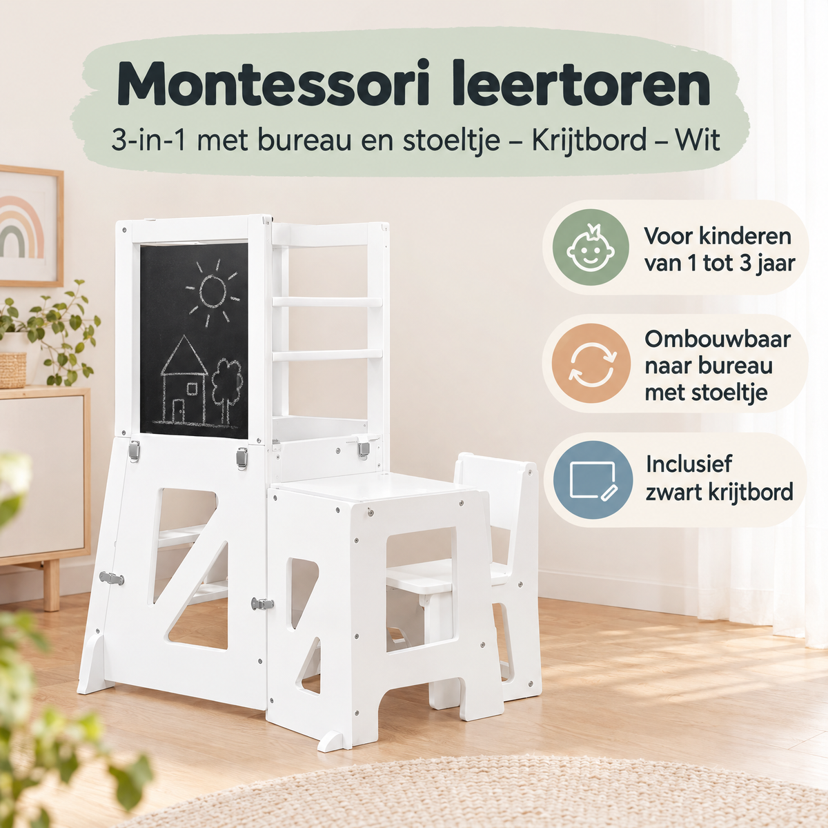 Witte Montessori leertoren van BukkitBow met bureau, stoeltje en krijtbord, geschikt voor jonge kinderen om veilig te leren en spelen.