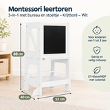 Montessori leertoren van BukkitBow met bureau, stoeltje en krijtbord in wit, geschikt voor jonge kinderen voor leren en spelen.