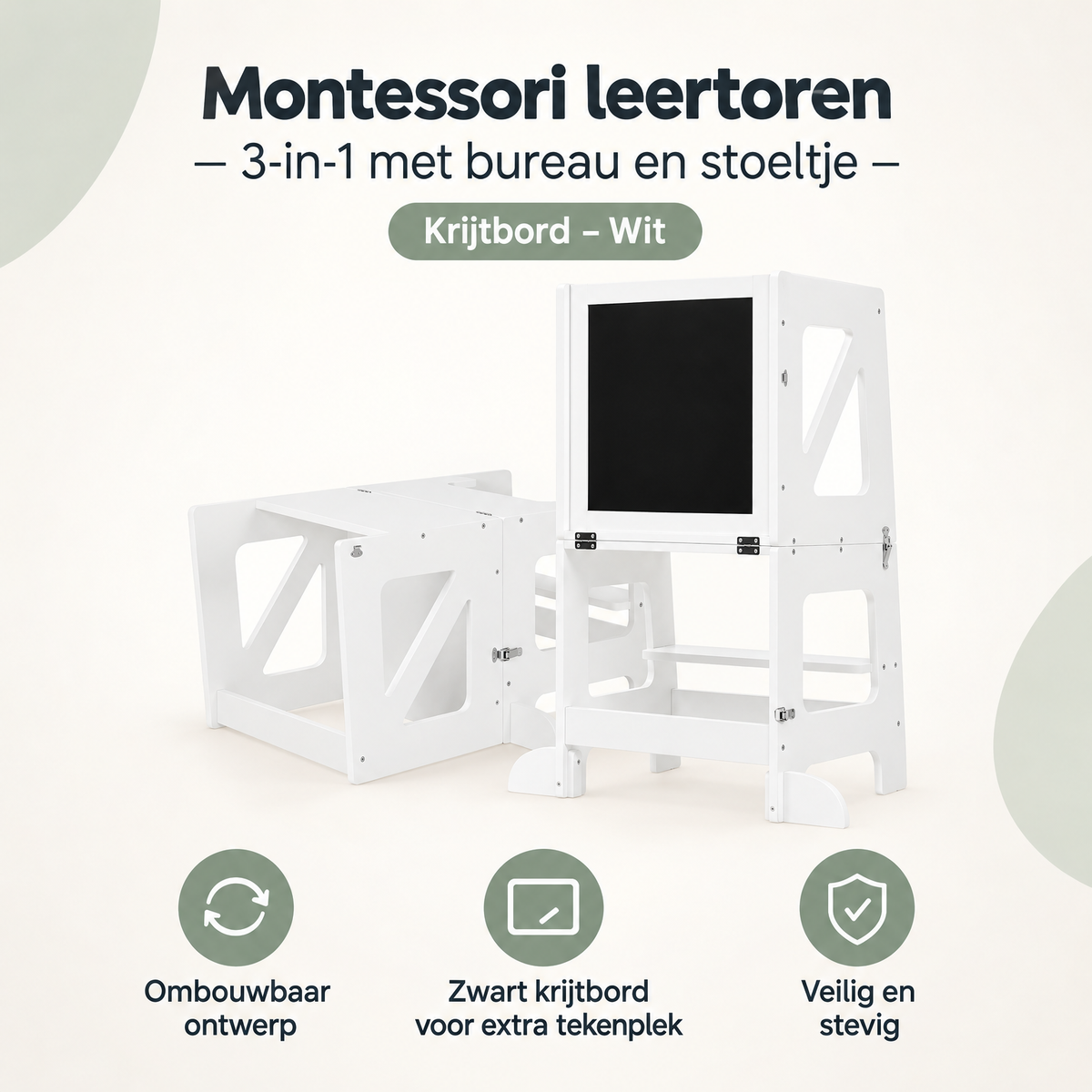 Witte Montessori leertoren van BukkitBow met bureau, stoeltje en krijtbord, geschikt voor jonge kinderen voor leren en spelen.