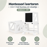 Witte Montessori leertoren van BukkitBow met bureau, stoeltje en krijtbord, geschikt voor jonge kinderen voor leren en spelen.