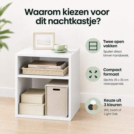 Wit nachtkastje met 2 open vakken van BukkitBow, afmetingen 35x41x35 cm, modern design en functioneel voor slaapkamer.