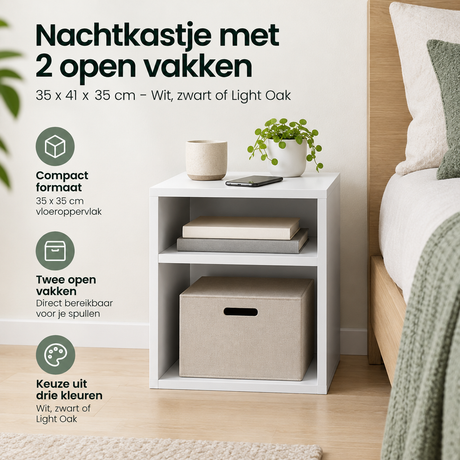 Wit nachtkastje met 2 open vakken van BukkitBow, 35x41x35 cm, praktisch en stijlvol voor in de slaapkamer