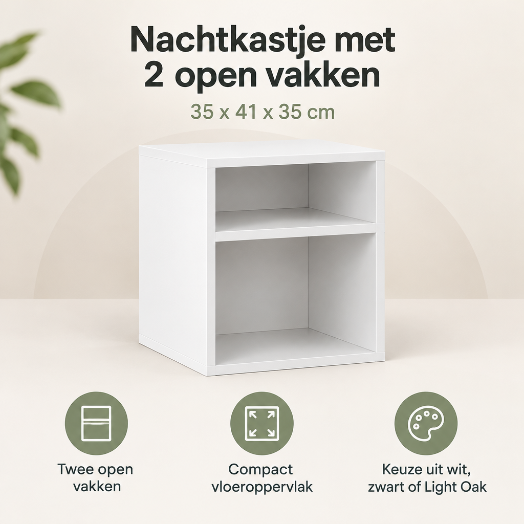 Overzicht van nachtkastje met 2 open vakken met de belangrijkste productvoordelen