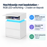 Nachtkastje van BukkitBow met laadstation, RGB LED-verlichting, twee laden en klepvak in een moderne slaapkamerstijl.