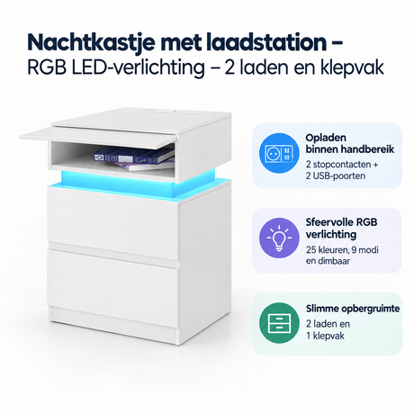 Nachtkastje van BukkitBow met laadstation, RGB LED-verlichting, twee laden en klepvak in een moderne slaapkamerstijl.