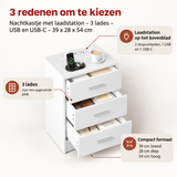 Nachtkastje met laadstation, 3 lades, USB en USB-C, zwart hout, afmetingen 39x28x54 cm, van BukkitBow