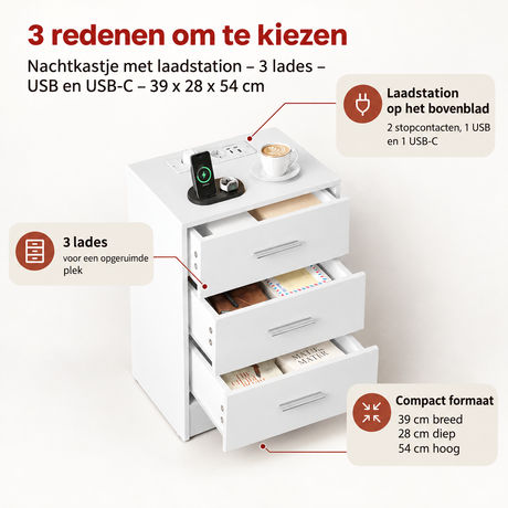 Nachtkastje met laadstation, 3 lades, USB en USB-C, zwart hout, afmetingen 39x28x54 cm, van BukkitBow