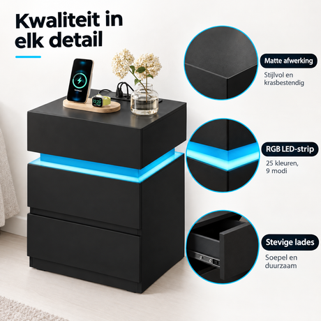 Nachtkastje met laadstation en RGB LED-verlichting, inclusief twee laden en klepvak, van BukkitBow.