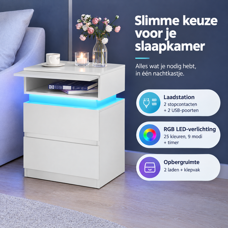 Nachtkastje met laadstation en RGB LED-verlichting, twee laders en klepvak van BukkitBow, modern en praktisch design.