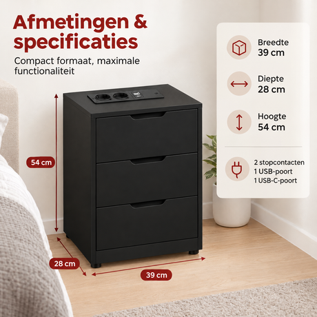 Nachtkastje van BukkitBow met 3 lades, USB en USB-C laadstations, afmetingen 39x28x54 cm, modern houten ontwerp